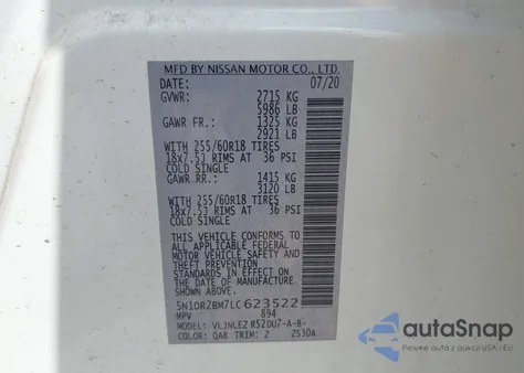 2020 Nissan Pathfinder Sv 4Wd z USA, uszkodzony, nr VIN 5N1DR2BM7LC623522